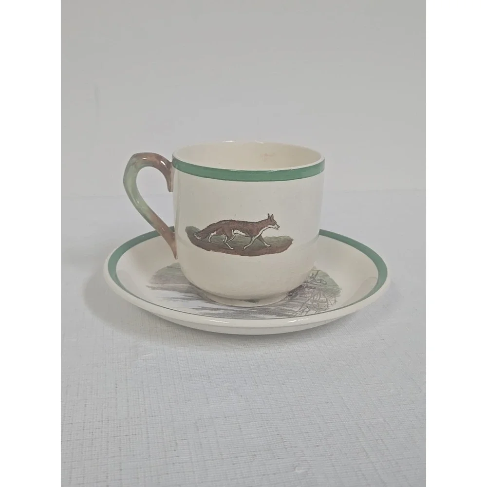 Copeland Spode England Herring Hunt Green #1 Footed Demitasse Cup‎ and #1 Saucer